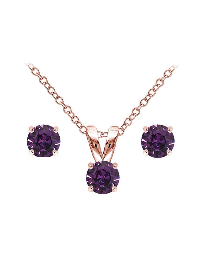 GemStar USA 925 Sterling Silver Rose Gold Flashed Solitaire Necklace And Stud Earrings 