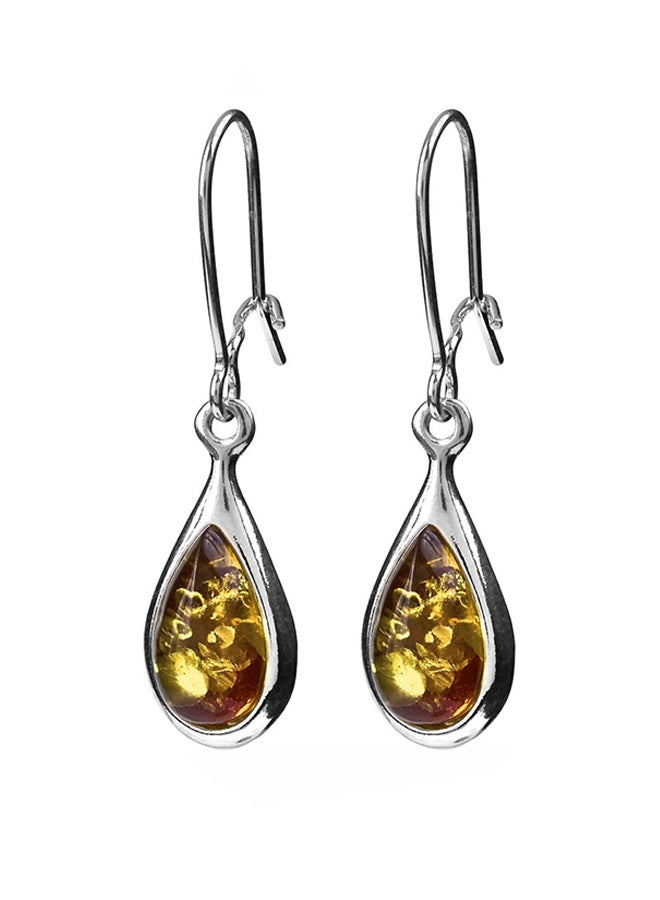 925 Sterling Silver Tiny Teardrop Dangle Earrings With Amber