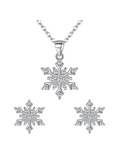 925 Sterling Silver Winter Snowflake Pendant Necklace Stud Earrings Set