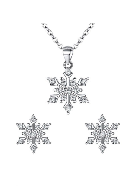 925 Sterling Silver Winter Snowflake Pendant Necklace Stud Earrings Set