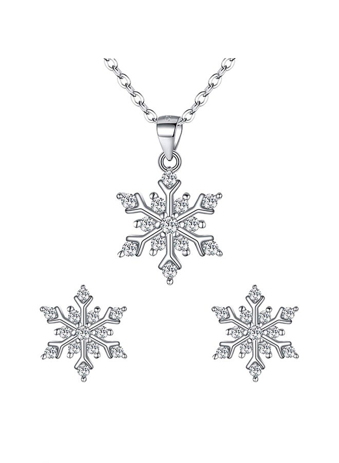EleQueen - 925 Sterling Silver Winter Snowflake Pendant Necklace Stud Earrings Set - Image 1
