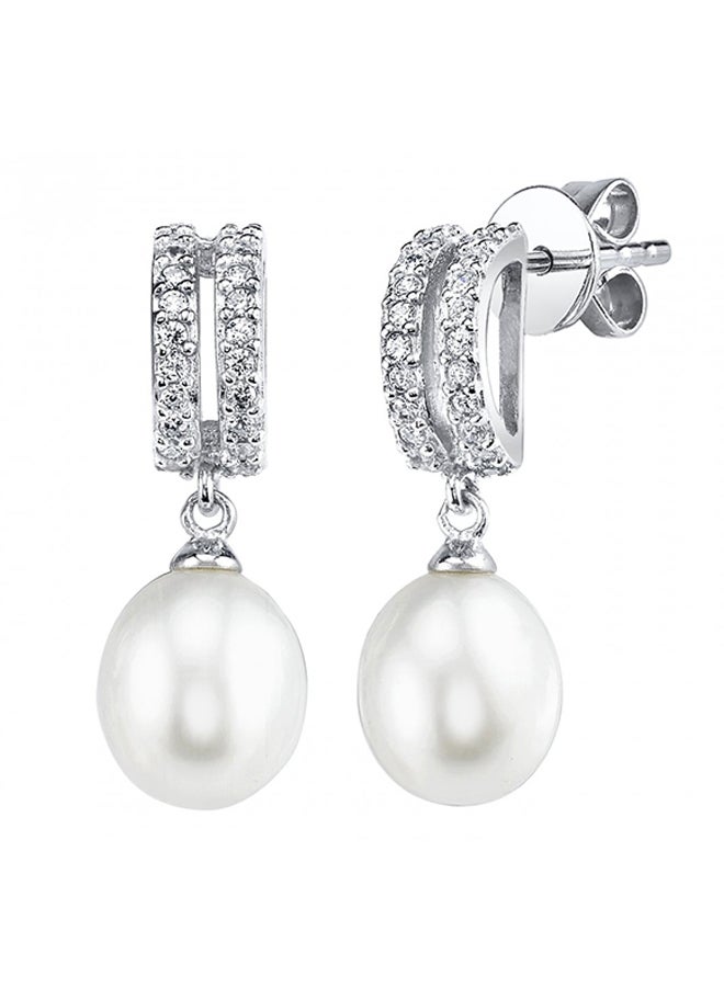 The Pearl Source 925 Sterling Silver Freshwater Cultured Blake Earrings With Pearl And Cubic Zirconia 