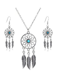 lauhonmin Retro Silver Turquoise Feather Dream Catcher Pendant Necklace Earrings  - Image 1