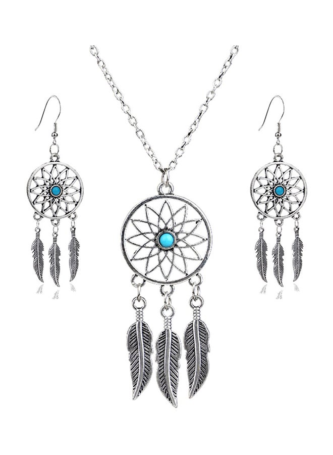 lauhonmin - Retro Silver Turquoise Feather Dream Catcher Pendant Necklace Earrings - Image 1