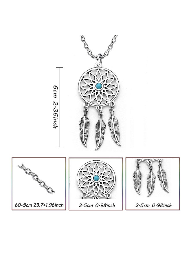 lauhonmin - Retro Silver Turquoise Feather Dream Catcher Pendant Necklace Earrings - Image 1