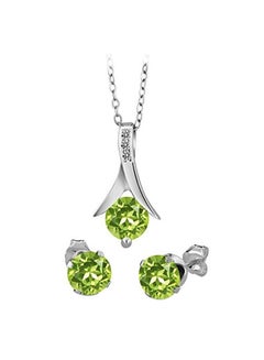 925 Sterling Silver 2.6 Ct Peridot And Diamond Studded Pendant And Earrings Set