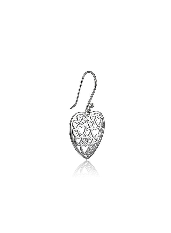 Hoops & Loops - 925 Sterling Silver Heart Designed Filigree Dangle Earrings - Image 1