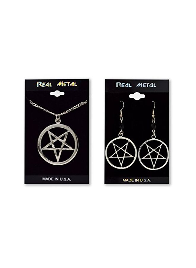 Real Metal Pewter Inverted Pentacle Pentagram Pendant And Earrings Set - Image 4