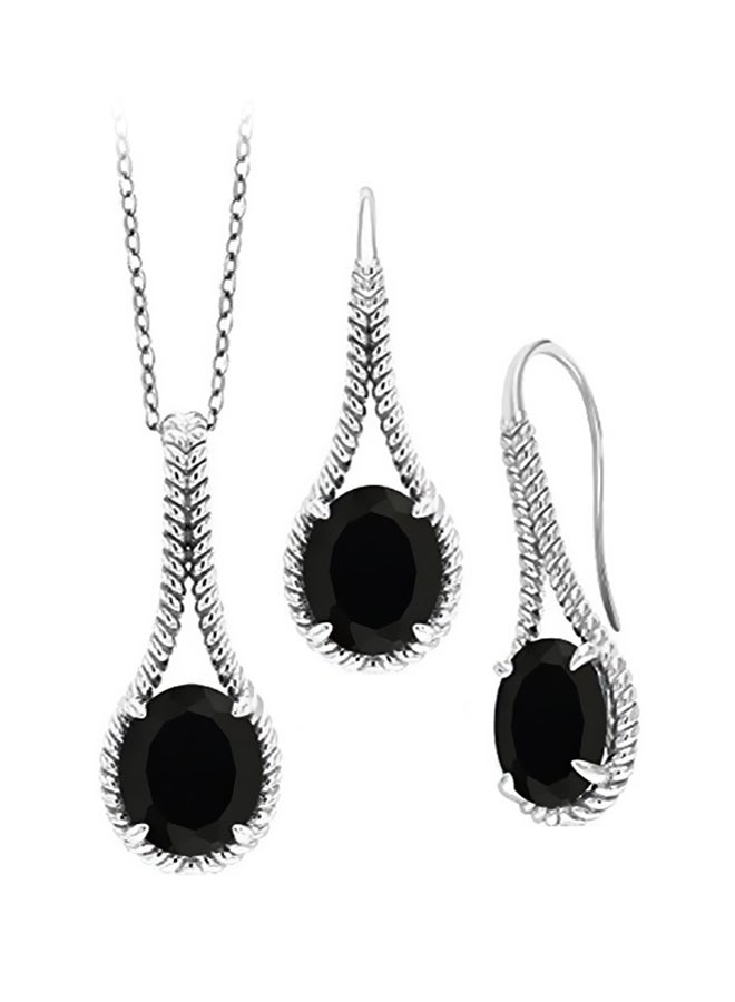 GEM STONE KING 925 Sterling Silver Onyx Studded Pendant Necklace And Earrings Set  - Image 1
