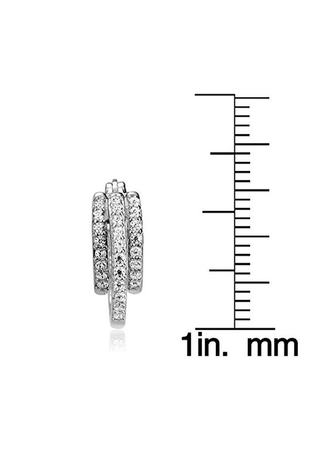 Hoops & Loops - 925 Sterling Silver Cubic Zirconia Studded Triple Row Hoop Earrings - Image 1