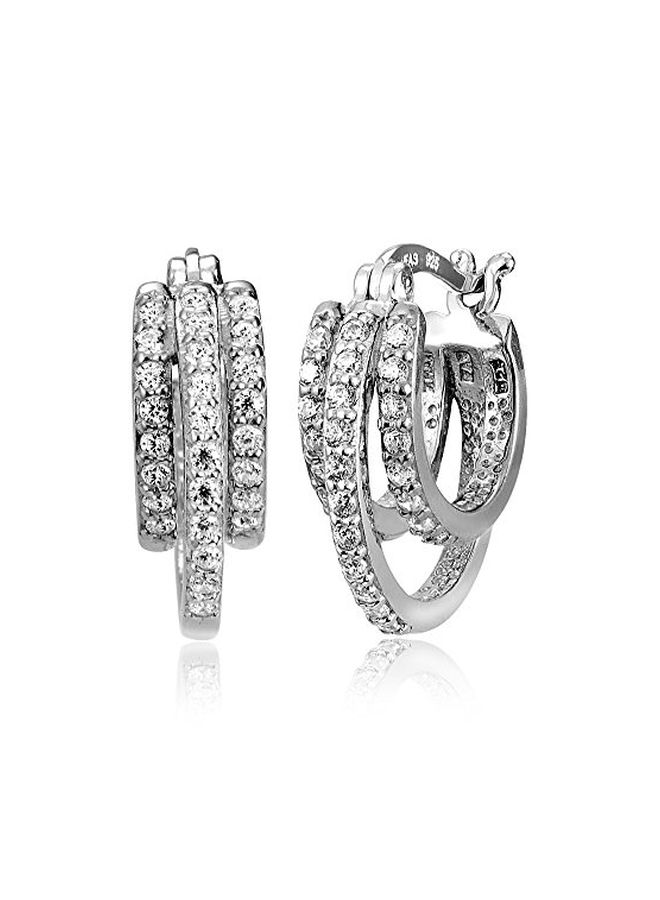 Hoops & Loops - 925 Sterling Silver Cubic Zirconia Studded Triple Row Hoop Earrings - Image 1