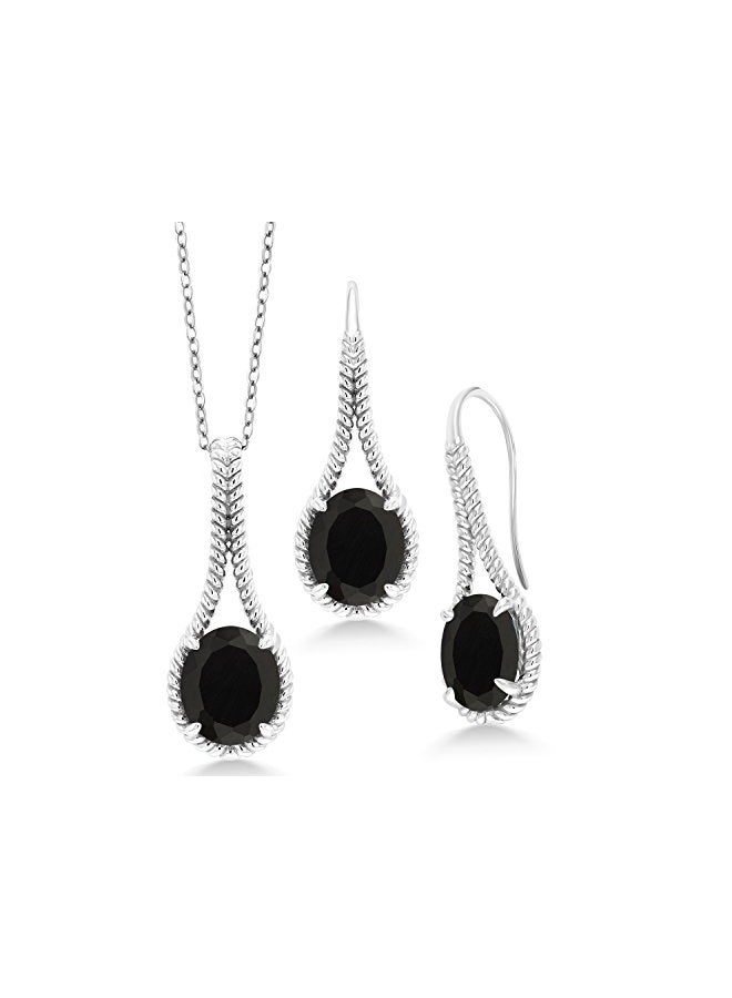 GEM STONE KING 925 Sterling Silver Onyx Studded Pendant Necklace And Earrings Set  - Image 3