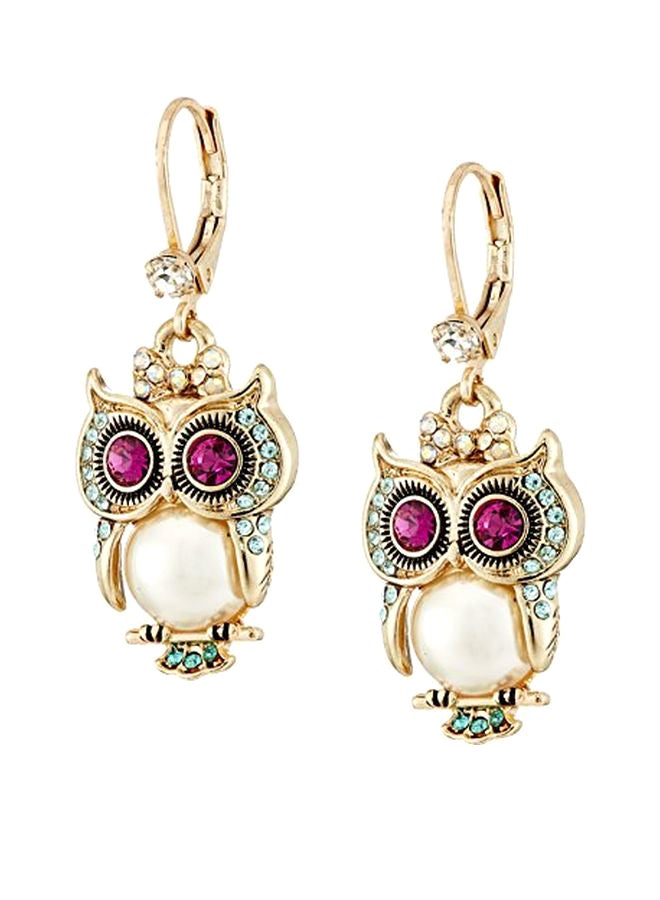 Betsey Johnson Brass Pearl Studded Owl Dangle Earrings  - Image 1