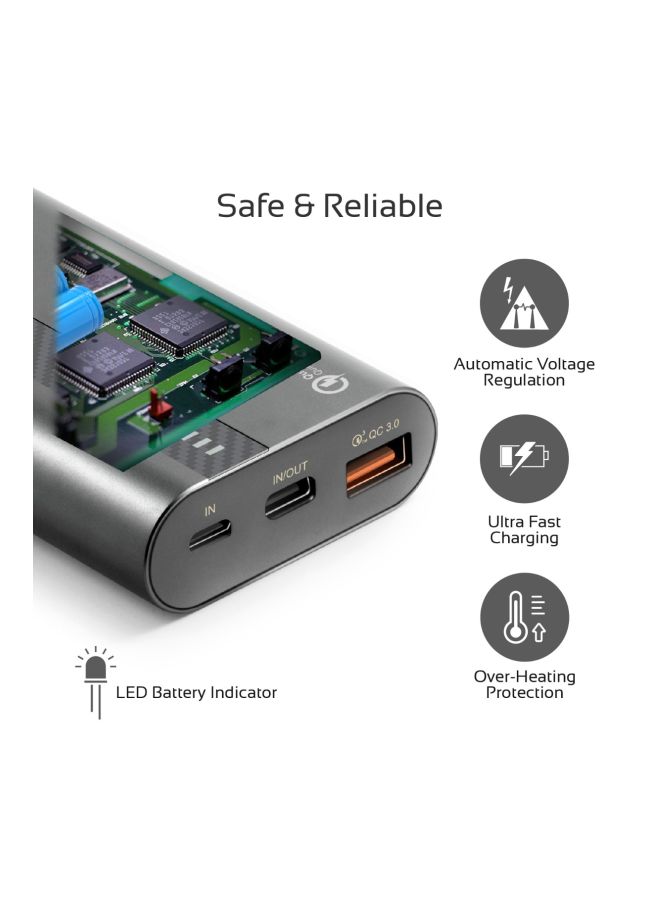 بروميت باور بنك صغير بحجم راحة اليد بقدرة 18 وات مزود بمنفذ إدخال وإخراج USB Type-C وشاحن خارجي يعمل بالبطارية، مع منفذ يدعم تقنية الشحن السريع QC 3.0، لأجهزة آيفون XS /XS ماكس وأجهزة سامسونج S9/S9 بلس، لون رمادي طراز PowerTank-10 رمادي - Image 4