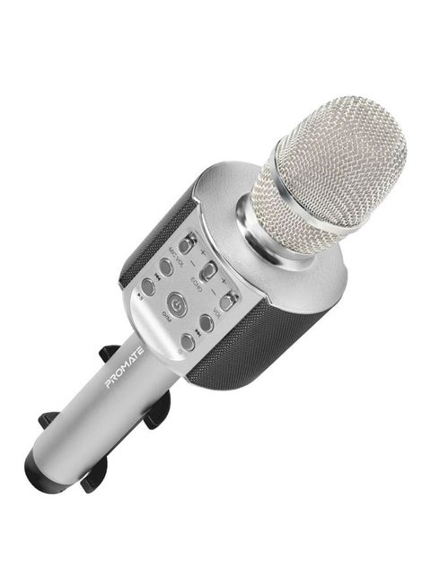 Karaoke Microphone, 3-In-1 Wireless Microphone with Built-In 2200mAh Battery, Bluetooth Speaker, Cell Phone Holder, LED Light, Eco and Effects Function with USB Port, TF Card Slot, Audio Jack for Smartphones, Tablets, KTV, VocalMic-4 Silver Silver