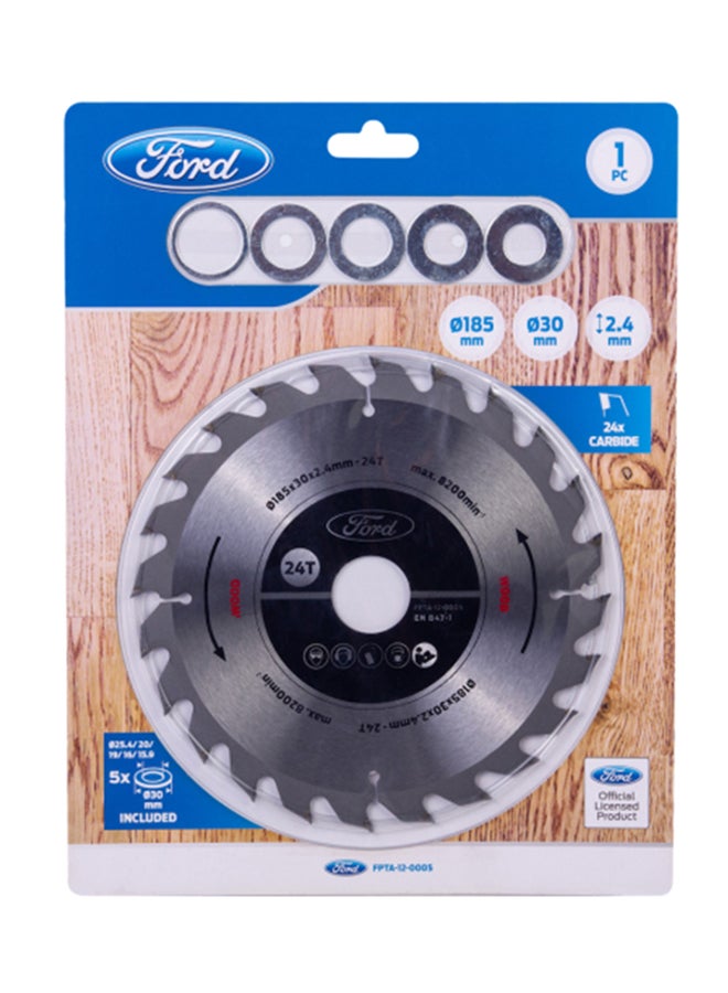 Ford 24T Carbide-Tipped Circular Saw Blade For Wood Cutting, 185x30x2.4mm, Fpta-12-0005 Grey/Black 185x30x2.4mm - Image 1