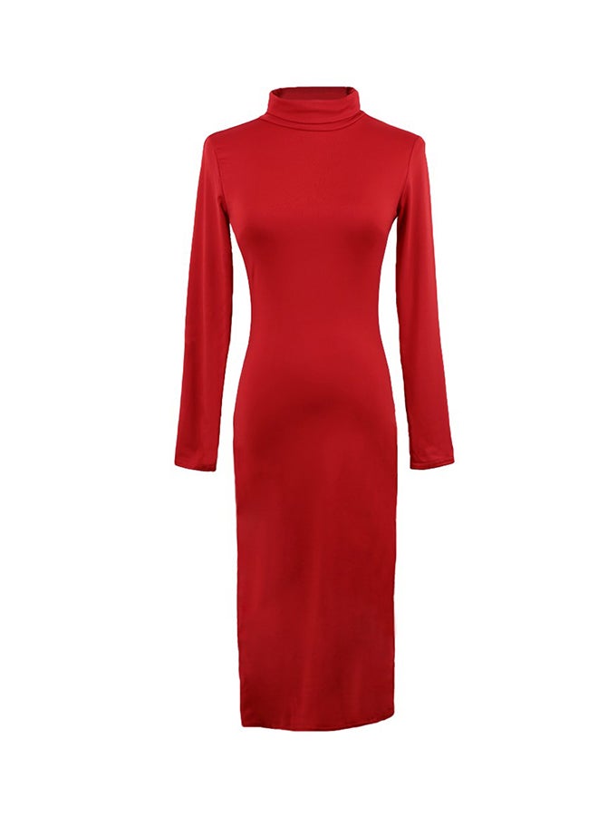 Solid Pattern Turtleneck Midi Dress Red - Image 2