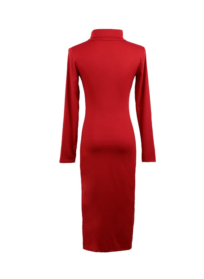 Solid Pattern Turtleneck Midi Dress Red - Image 3