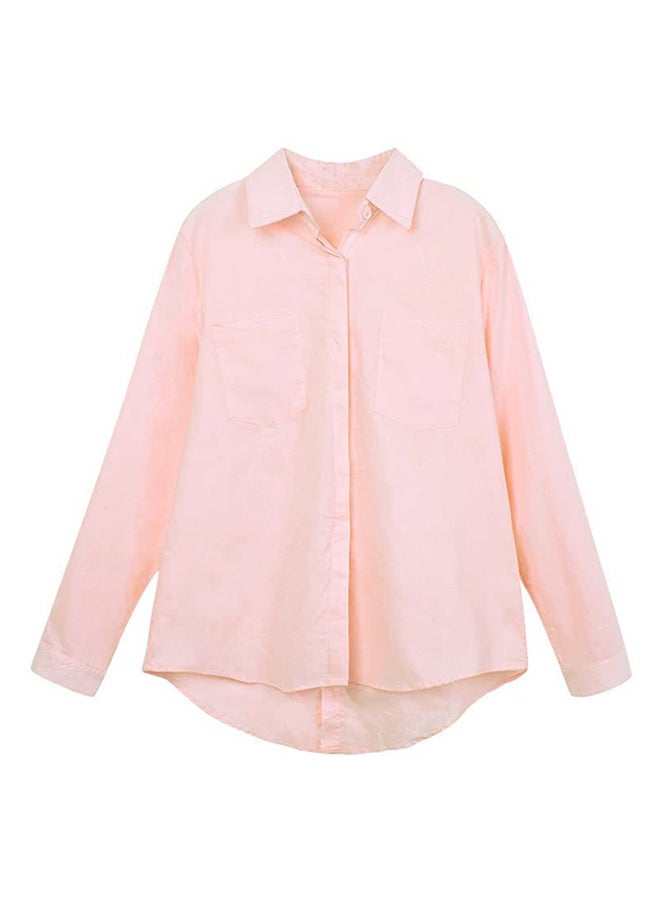 Turn-Down Collar Long Sleeve Pocket Shirt Pink  - Image 1