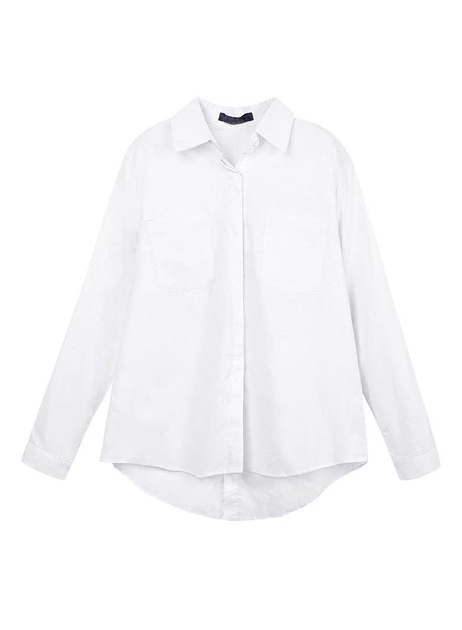 Turn-Down Collar Long Sleeve Pocket Shirt White  - Image 1