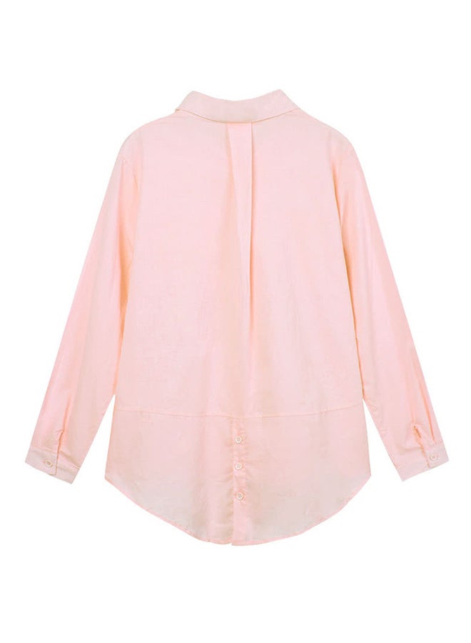 Turn-Down Collar Long Sleeve Pocket Shirt Pink  - Image 2