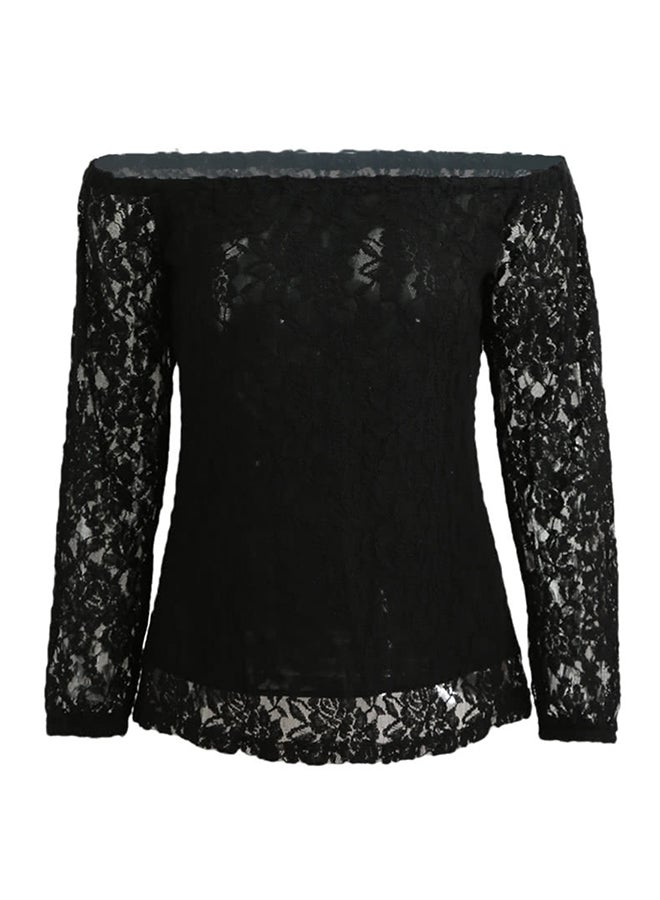 Romacci - Off Shoulder Slash Neck Crochet Tops With Long Sleeve Black - Image 1