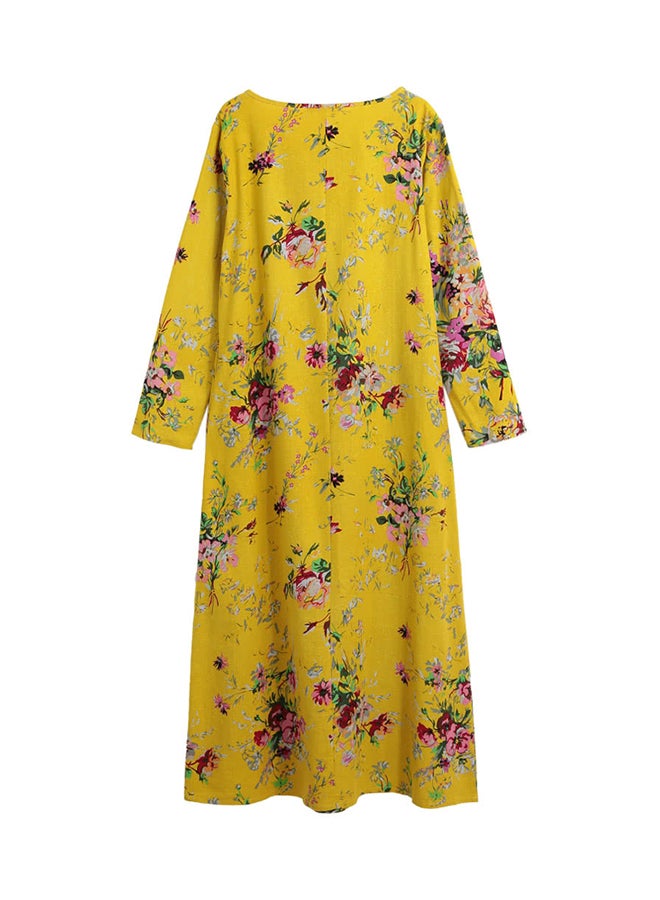 Romacci - Long Sleeve Floral Printed Robe Dress Yellow - Image 1