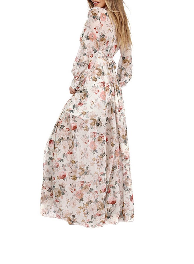 Generic - Long Sleeve Floral Printed Boho Maxi Dress Beige - Image 1