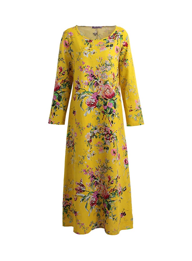 Romacci - Long Sleeve Floral Printed Robe Dress Yellow - Image 1