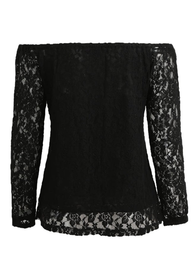 Romacci - Off Shoulder Slash Neck Crochet Tops With Long Sleeve Black - Image 1