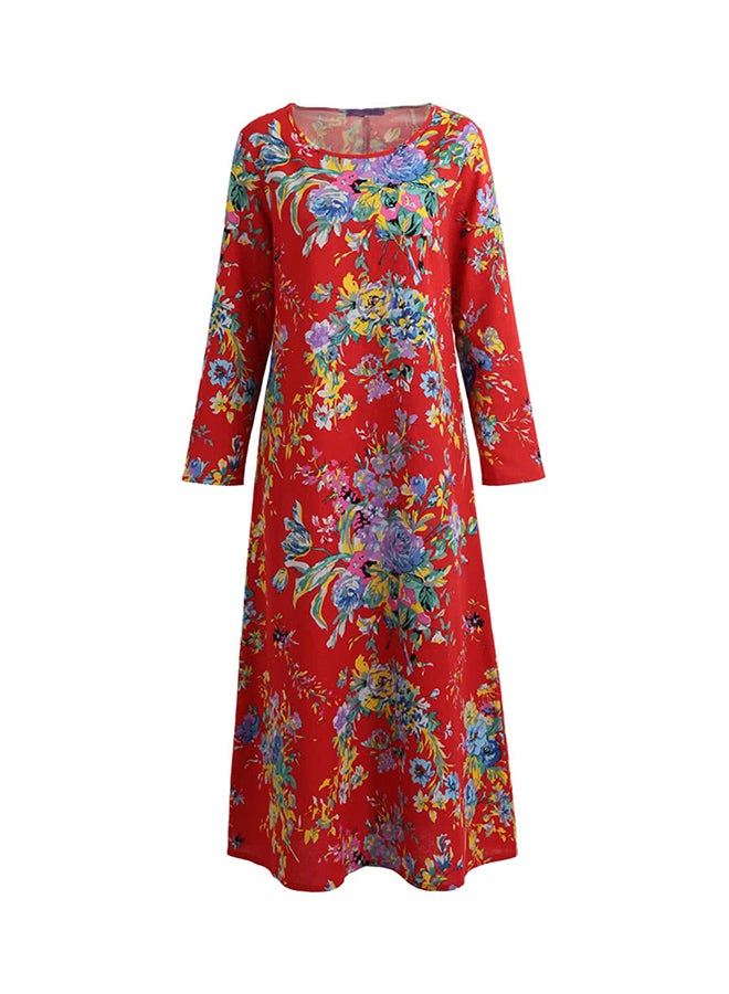 Romacci - Long Sleeve Floral Printed Robe Dress Red - Image 1