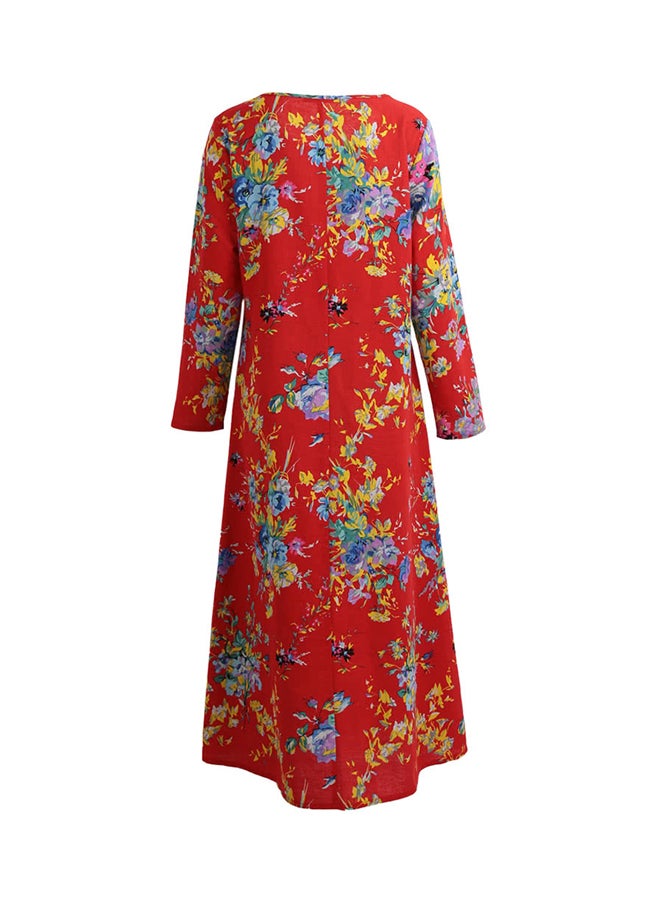 Romacci - Long Sleeve Floral Printed Robe Dress Red - Image 1