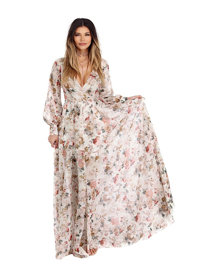 Generic - Long Sleeve Floral Printed Boho Maxi Dress Beige - Image 1