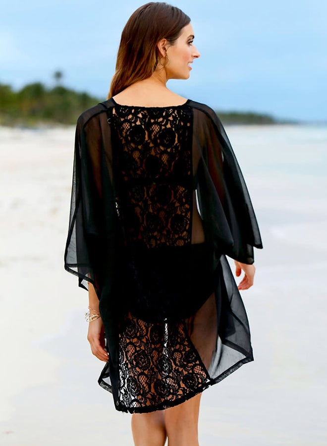 Sheer Lace Cardigan Blouse Top Beachwear Black - Image 3