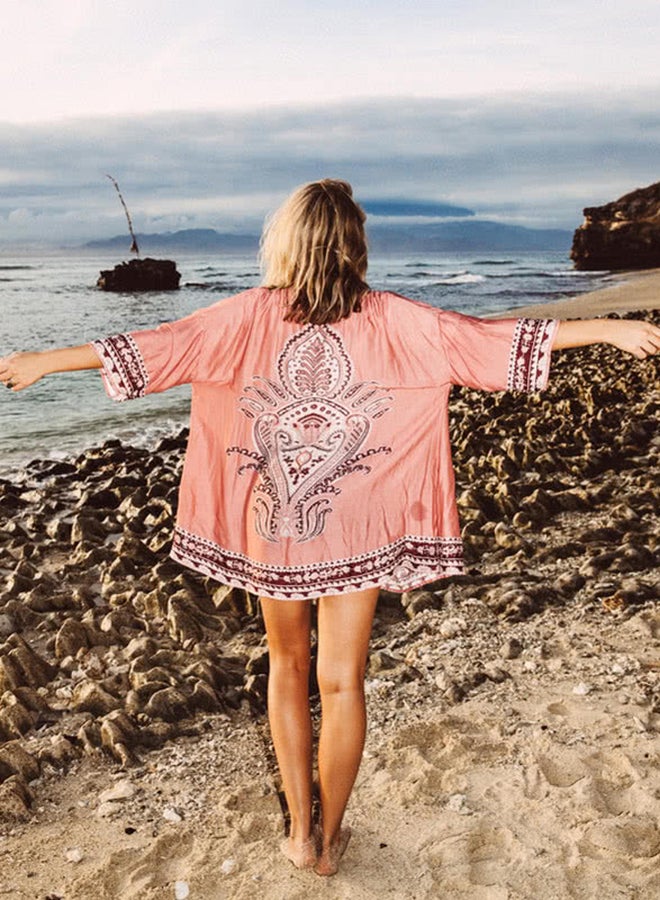 Printing Cardigan Beach Bikini Cover Up Kimono Pink - Image 2