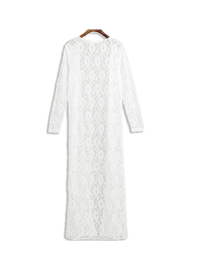 Floral Lace Semi Sheer Front Open Beach Cover Up Cardigan Kimono White - Image 2