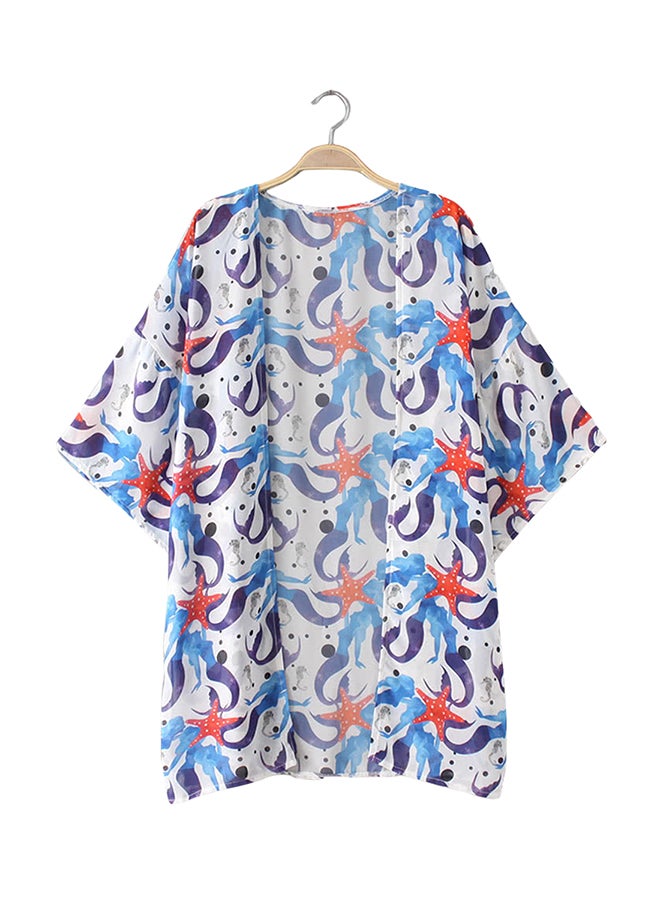 Mermaid Print Front Open Cardigan Kimono Blue - Image 1