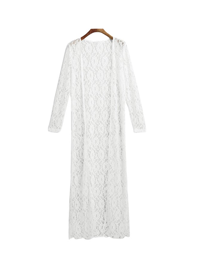 Floral Lace Semi Sheer Front Open Beach Cover Up Cardigan Kimono White - Image 1