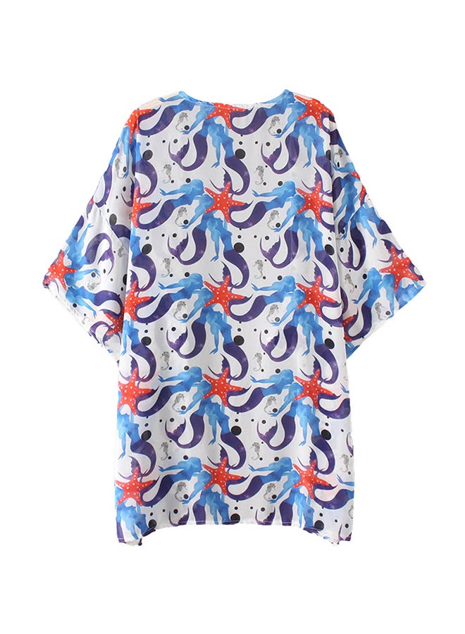Mermaid Print Front Open Cardigan Kimono Blue - Image 2