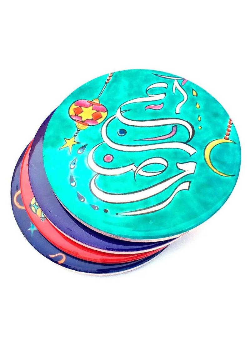 Alwan 4-Piece Ramadan Coaster Set Red/Green/Blue 8cm - Image 1
