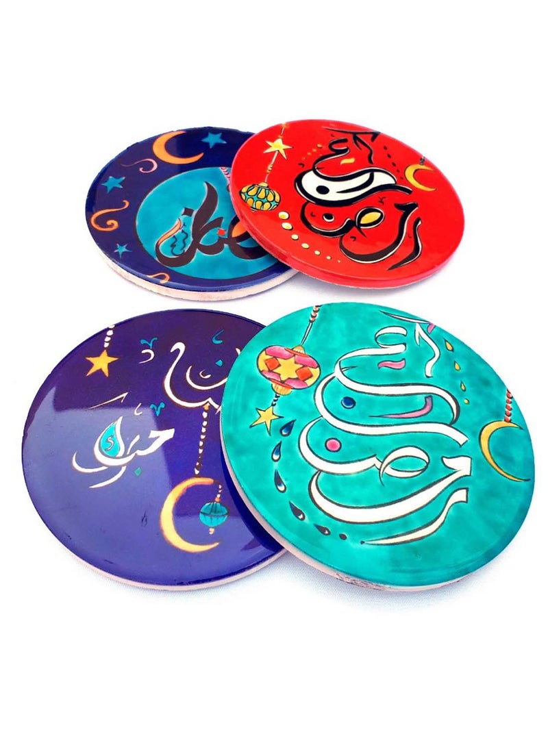 Alwan 4-Piece Ramadan Coaster Set Red/Green/Blue 8cm - Image 2