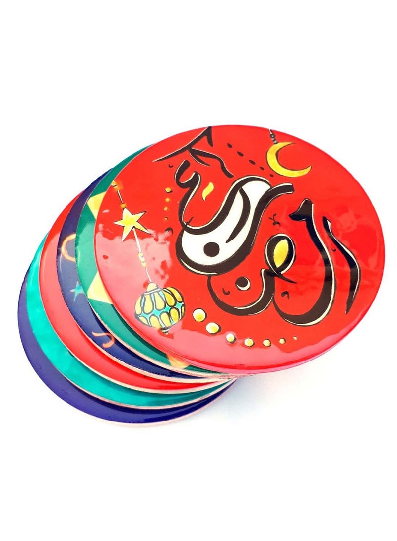 ألوان طقم قواعد أكواب بنمط رمضان مكون 6 قطع أحمر / أخضر / أزرق 8سم - Image 1