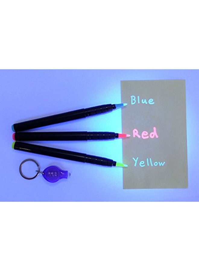 DirectGlow LLC - 12 Invisible Ink Markers & 4 UV LED Lights UltraViolet Blacklight Pens Blue Red Yellow Assorted - Image 1