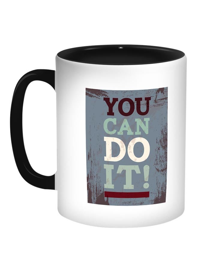 مج قهوة مطبوع بعبارة "You Can Do It!" أسود/ أبيض/ أزرق