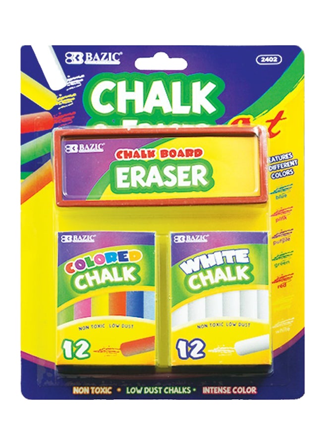 Bazic - 2 Pack - Bazic 12 And 12 White Chalk With Eraser Sets, Assorted - Image 1