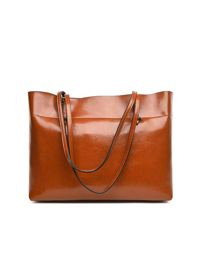Generic - Genuine Leather Tote Shoulder Bag Brown - Image 1