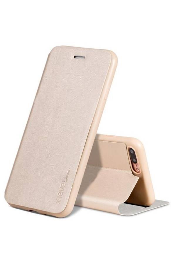 إكس ليفيل غطاء حماية فيب قلاب ورفيع من الجلد يستخدم كمسند ومقاوم للصدمات والخدوش لهاتف آيفون 7 بلس/8 بلس ذهبي - Image 2