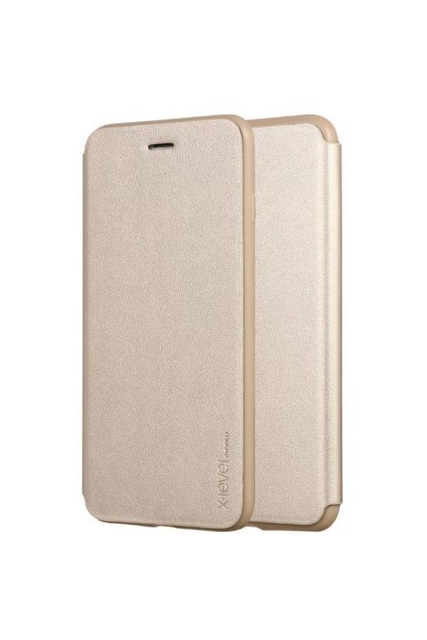 إكس ليفيل غطاء حماية فيب قلاب ورفيع من الجلد يستخدم كمسند ومقاوم للصدمات والخدوش لهاتف آيفون 7 بلس/8 بلس ذهبي - Image 1