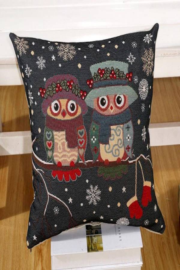 Owl Printed Cushion Cover linen Black/Red/Blue 45x45cm - Image 2