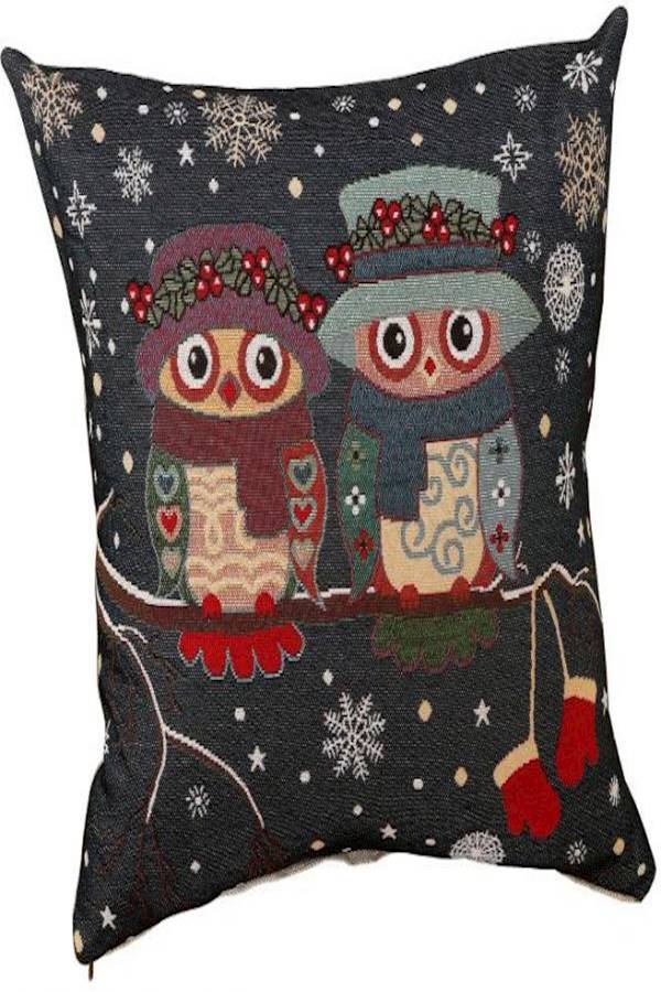 Owl Printed Cushion Cover linen Black/Red/Blue 45x45cm - Image 1
